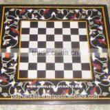 Black Marble Inlay Chess Design Coffee Table Top