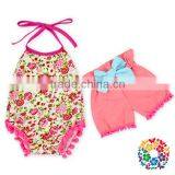 Baby Girls Summer Two Pieces Halter And Shorts Set Pink Flower Bodysuit Clothing Manufacturers Romper Girls thumbnail-3