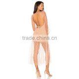 Raw Hem Embroidered Tulle Appliqued Gauze Backless Long Dress thumbnail-3
