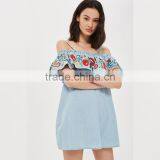 Denim Blue Embroidered New Pattern Clothes off Shoulder Short Jeans Dress Women thumbnail-3
