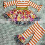 2015 Baby Stripe Top Flower Dress and Stripe Ruffle Pants Baby Clothing Set Baby Dresses YW-075 thumbnail-2