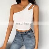 Wholesale Women Slant shoulder Sexy Rib Plain Belt Hollow Sleeveless Crop Tops