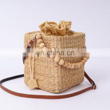 Straw Square Bucket Bag with Bamboo Bead Handle water hyacinth handbag, Shopping Bag 100% woven Wholesale