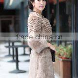 Long Women's 100% Real Rabbit Fur Coat With Fox Fur Cuff thumbnail-4