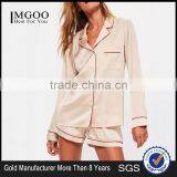 Custom Design Plain Nude Satin Pyjama Set With Contrast Burgundy Piping Button Top With Shorts thumbnail-1