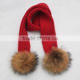 Myfur Kids Colorful Striped Scarf With Removable Natural Raccoon Fur Pom Poms thumbnail-2