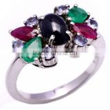 The Gopali Jewellers 925 Sterling Silver Emerald and Ruby Flower Tanzanite Shaped Gemstone Sapphire Ring