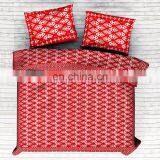 Indian New Ikat Bedsheet Queen Size Screen Print 100% Cotton Fabric Red Bedding Set Bedspread