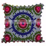 Indian Suzani Cushion Cover 16x16 Pom Pom Pillowcases Boho Throw Pillows thumbnail-1