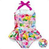 Hot Pink Floral Cotton Halter Backless Girls Swimwear Kids thumbnail-3