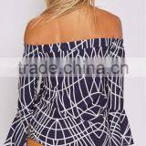 Bell Sleeve Crossed Line Design Woman off Shoulder Tops Printed Fancy Tops thumbnail-5