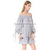 HAODUOYI Striped Women Dress Hem Ruffles Long Sleeve Sashes Loose Mini Dress Off Shoulder Backless Vestidos for Wholesale thumbnail-2