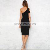 HAODUOYI Fashion Soild Black Brief Split Skinny Women Midi Dress One Cold Shoulder Backless Ladies Vestidos for Wholesale thumbnail-3