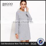 Grey Drop Shoulder Tee Dress With Pockets Cotton Spandex Long Sleeve Casual Plain Sweatshirt Tee Dress thumbnail-1