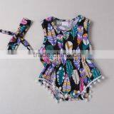 Wholesale Boutique Soft Cotton Printed Colorful Feather With Headband Newbron Infant Baby Romper Set thumbnail-2