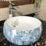 Modern Style Blue Color Luxury Decal Bathroom Sanitary Ware Countertop Round no Hole Wash Hand Basin