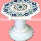 White Marble Stone Inlay Table Top With Base