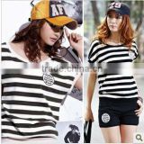fashion 100% cotton women' short sleeve with shorts stripes o-neck track suit