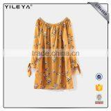 2017off Shoulder Long Sleeve Floral Printed Dress Loose Yellow Dress thumbnail-2