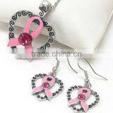 Antique Silver Crystal Center and Epoxy Pink Ribbon and Heart Necklace Earring Set Jewelry