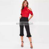 Lady Clothes Custom Plain Red Frill Cold Shoulder Women Sexy Tops Bodysuit