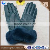 Funky women genuine sheep leather hand gloves with rabbit fur cuff