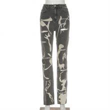 Womens Graphic Print Ripped Distressed Jeans Grey High Waist Y2K Straight Leg Denim Pants thumbnail-3