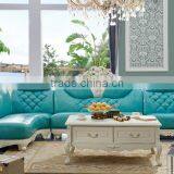 Graceful European Style Living Room Furniture Solid Wood Lily Carving Leather Corner Sofa Set thumbnail-1
