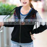 Women Cotton Splicing Printed Zipper Bomber Jacket With Hood thumbnail-1