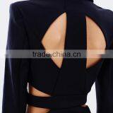 HAODUOYI Women Autumn Fashion Black Coat Women Long Sleeve Hollow Out Blazer Coat thumbnail-4