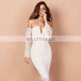 Dropshipping Clothing Sexy Long Sleeve Off Shoulder Lace Midi Bodycon Bandge Party Dress for Women thumbnail-1