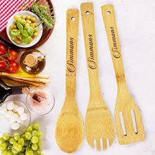bamboo cooking spoons set with logo carved,bamboo utensil set personalized logo