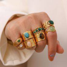 Vintage Gold Plated Gemstone Rings Set for Women Adjustable Stackable Boho Rings Stainless Steel Fashion Jewelry Wholesale thumbnail-2