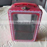 Rectangular Large Size185*125*75mm Red Plastic Handle With Clear Widnow Tin Box