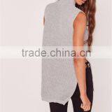 Plain Sleeveless Women Knitwear Sweater With Split Hem Choker Neck Chunky Tunic Grey thumbnail-2