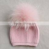 Myfur Baby Pink Striped Pattern Knitting Hat With Real Raccoon Fur Bobble thumbnail-4
