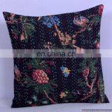 Black Bird Floral Kantha Indian Cotton Handmade Cushion Cover Kantha Throw Pillow Cover Hande Quilted Decorative Cushion Cover thumbnail-1