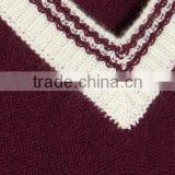 V-Neck Burgandy and Ivory Color Combination Women's Cashmere Sweater in Raglan Sleeves Design thumbnail-5
