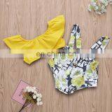 2019 Cotton Infant off Shoulder Yellow Top + Girls Floral Bee Print Rompers Set Infant Romper 2Pcs/Set thumbnail-1