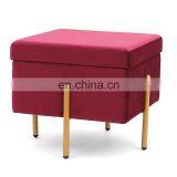Customized newest environmentally friendly living room furniture red velvet foot stool with storage metal legs