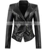 2015 New fashionable ladies big collar PU leather jacket with peplum