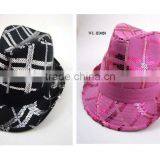 WL-HD020 100%POLYESTER BLACK AND PINK FEDORA WITH SILVER SEQUINS