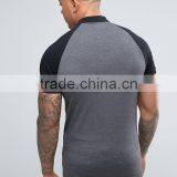 Custom Contrast Raglan Short Sleeve Button Placket Longline Grey Men's Cotton/Spandex 200gsm Casual Slim Fit Polo Tshirt thumbnail-2