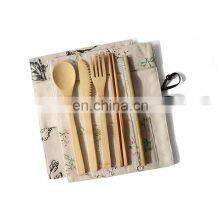 Tableware Set Bamboo Cutlery Set Wood Straw With Travel Cloth Bag Wooden Spoon Fork Knife Dinnerware Wholesale Bamboo thumbnail-1