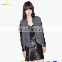 Woolen Female Cardigan Sweater With Leather Sleeve thumbnail-3