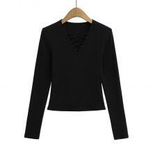 Hot Girl Pure Lust V-neck Tie Long-sleeved T-shirt Women's Spring and Autumn Slim Body Slimming Undershirt Inner and Outer Wear Short Top thumbnail-3