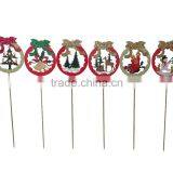 Wooden Christmas Ribbon Shape Stick With Snowman /tree/elk/bell/candle LOGO Ornament XMAS Ribbon With Glitter Stick for Garden D thumbnail-1