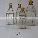 Glass Lantern With Pyramid Style Top in Natural Brass Finish