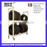 Medium Duty floor standing metal rotating tire display rack with wheels HSX-214