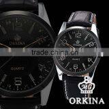 Orkina Mens Black Leather Stainless Steel Case Chrono Date Display Analog Sport Quartz Wrist Watch thumbnail-5